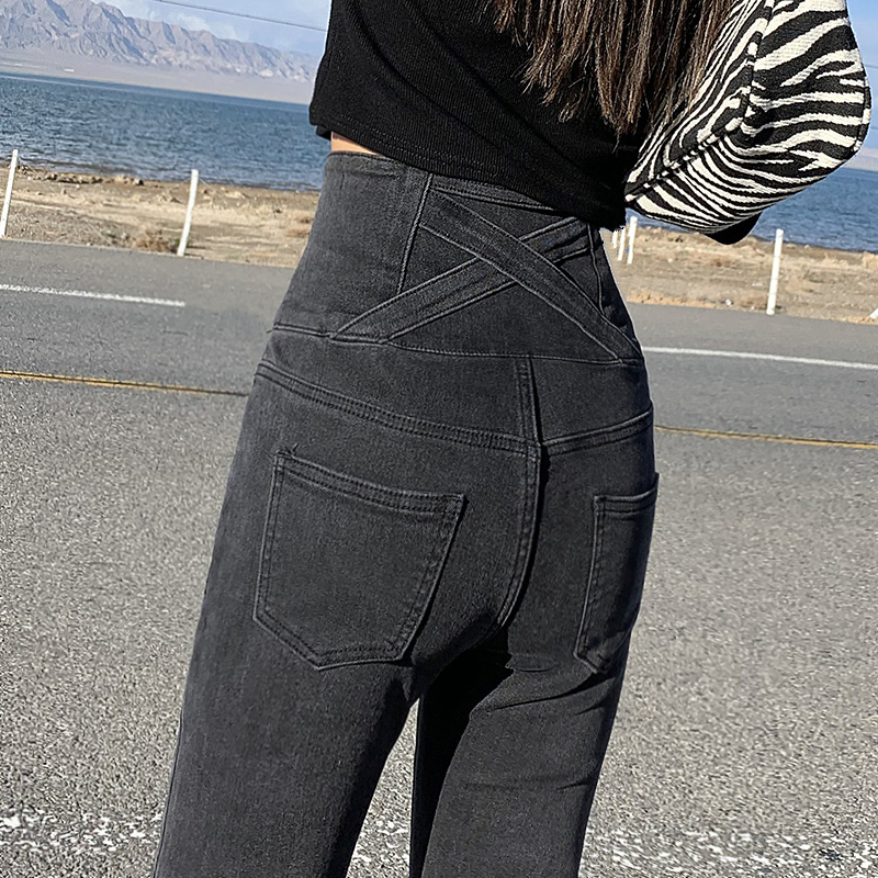 グレー パンツ ハイウエスト美脚シルエットパンツ