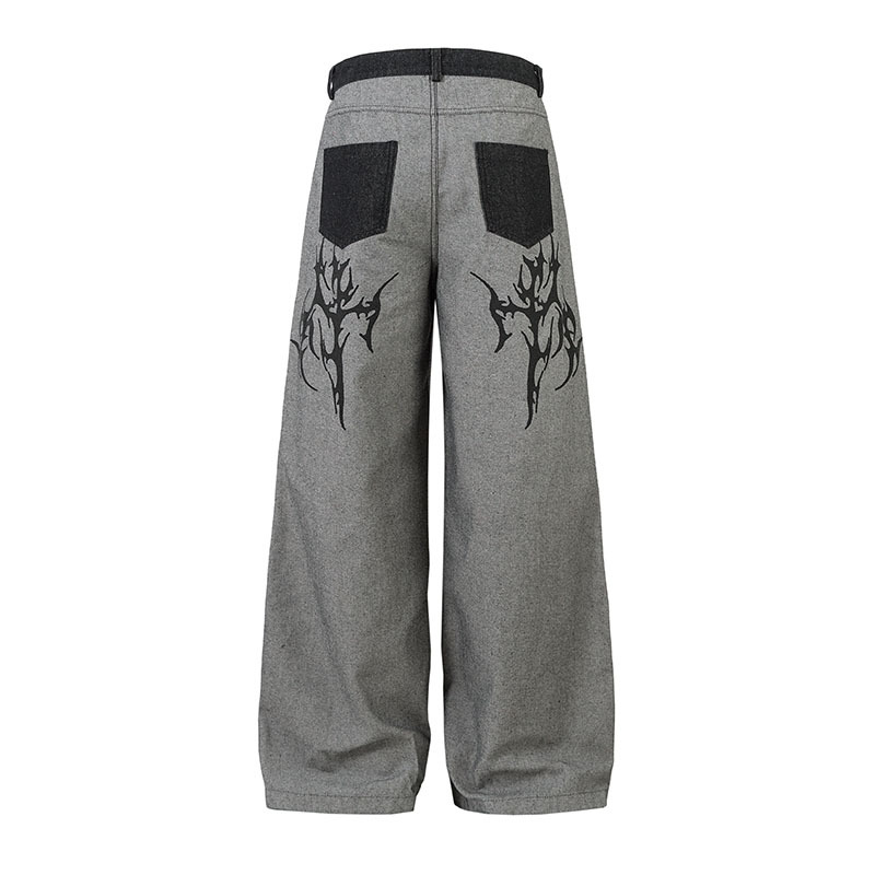 グレー パンツ グレー ワイドパンツ 刺繍柄 男女兼用 ストリート系 春秋 新作