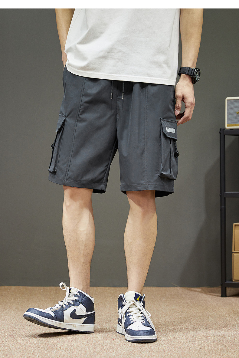 グレー パンツ 多機能ポケット付きハーフカーゴパンツ