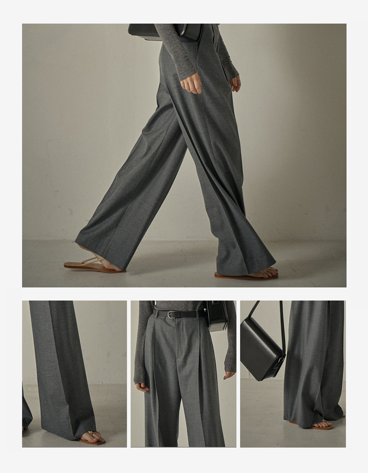 グレー パンツ センタープレス入りワイドシルエットスラックス