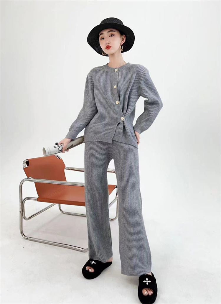 グレー パンツ グレー ニット カーディガン セット ワイド パンツ 柔らか