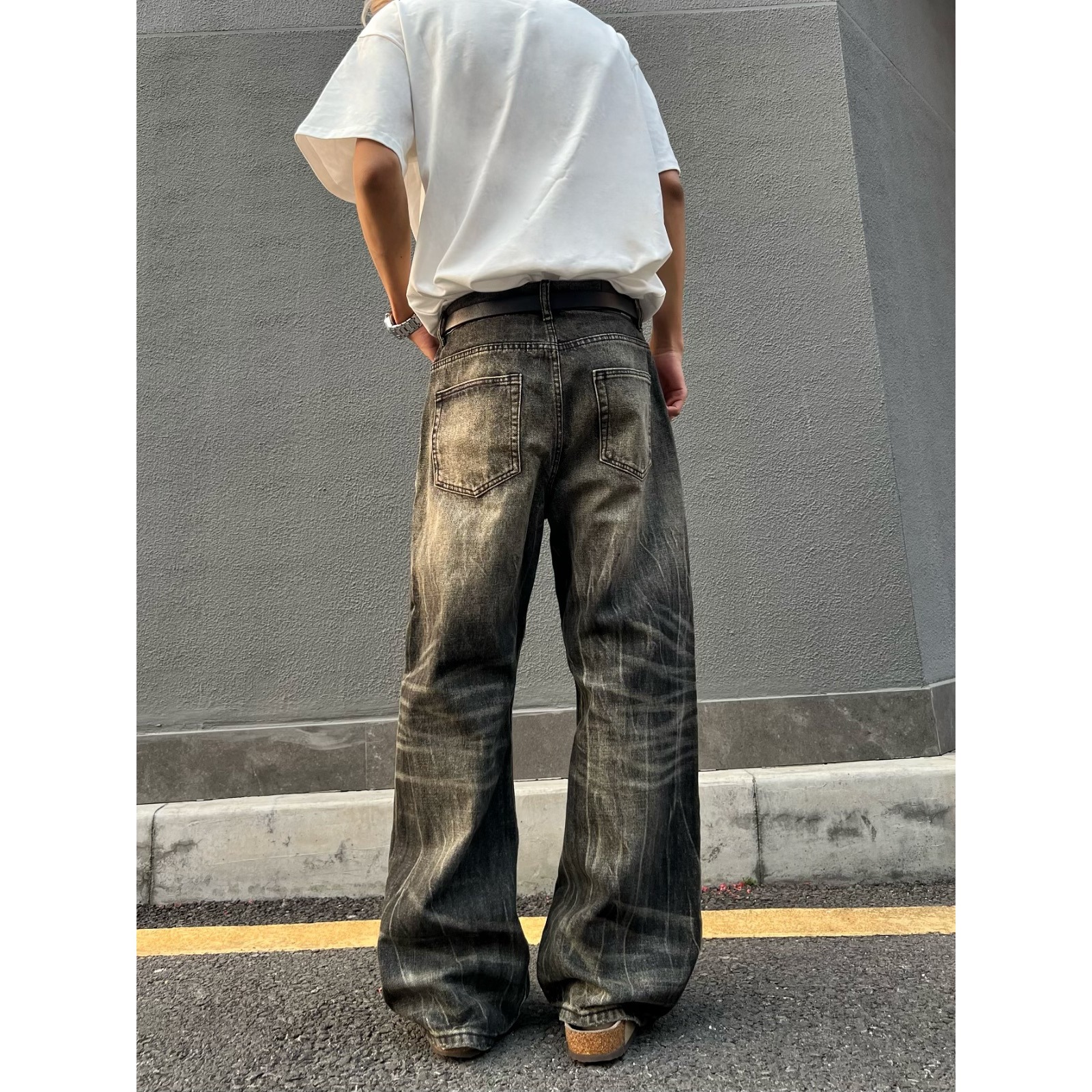 グレー パンツ ヴィンテージ風ワイドパンツ