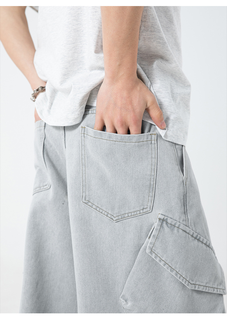 グレー パンツ 男性用 春夏 古着風 作業着デニム サイド立体ポケット付 全2色