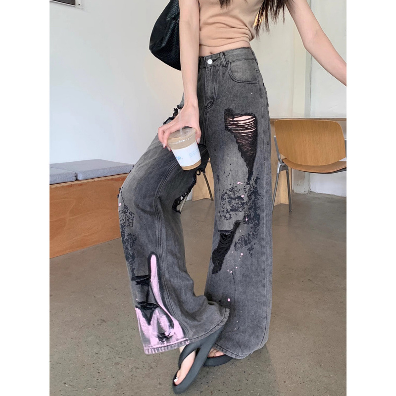 グレー パンツ ダメージ加工ワイドパンツ