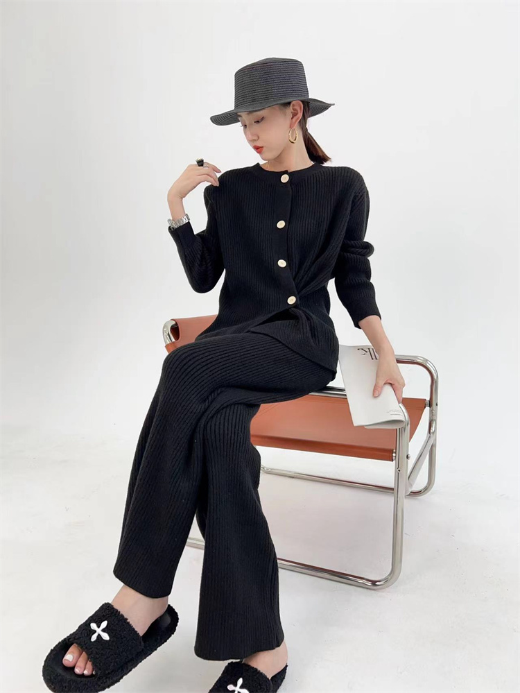 グレー パンツ グレー ニット カーディガン セット ワイド パンツ 柔らか