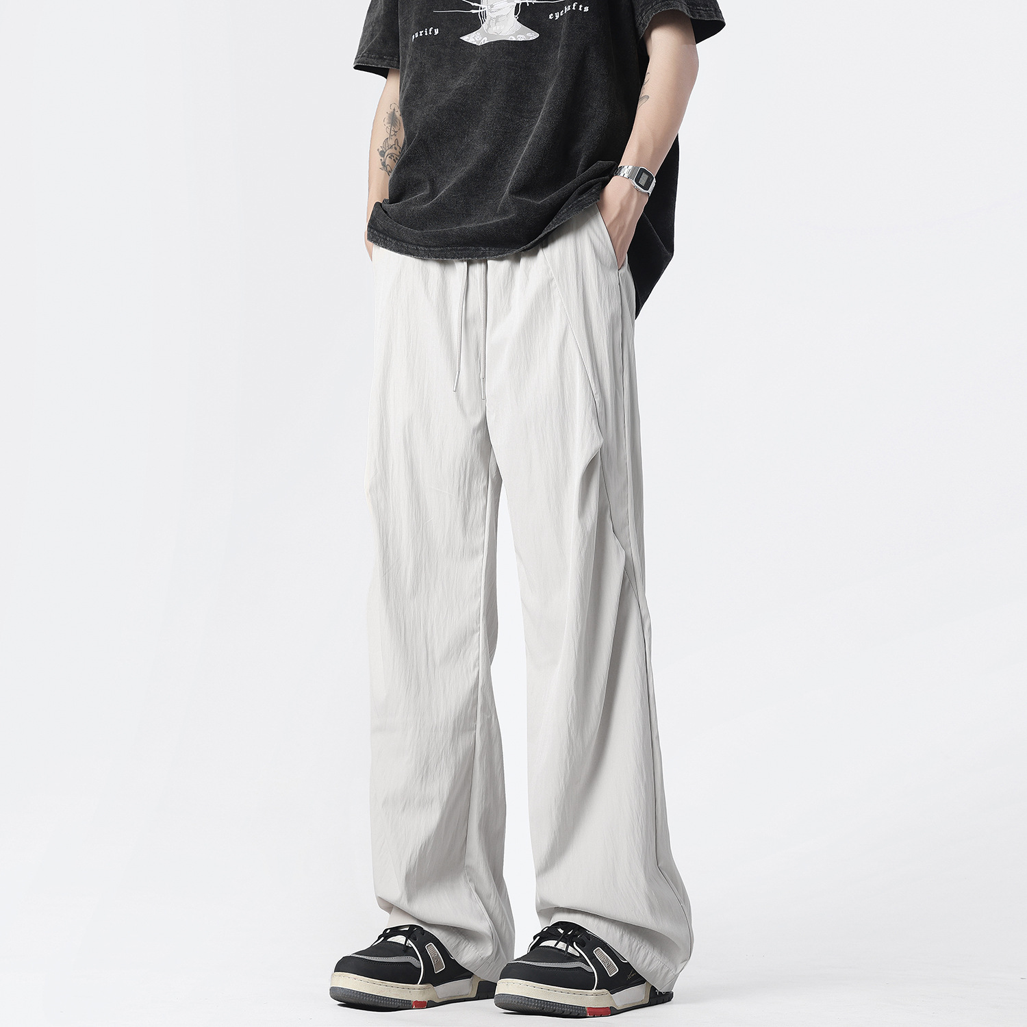 グレー パンツ しなやか風合いドレープワイドパンツ