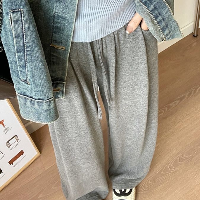 グレー パンツ ゆったり楽ちん高腰ワイドパンツ