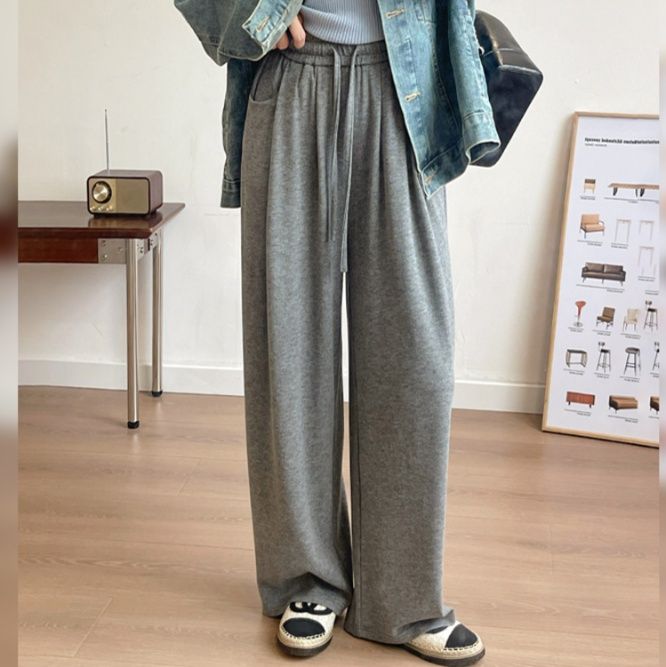 グレー パンツ ゆったり楽ちん高腰ワイドパンツ