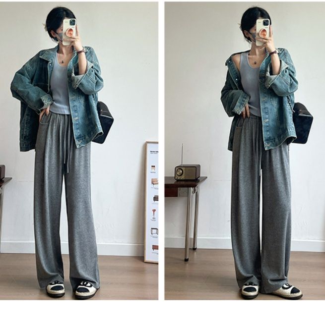 グレー パンツ ゆったり楽ちん高腰ワイドパンツ