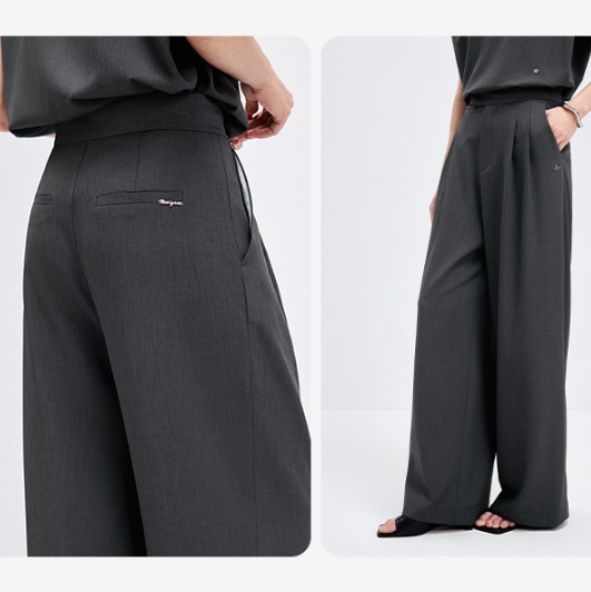 グレー パンツ 優雅なプリーツ入りワイドパンツ