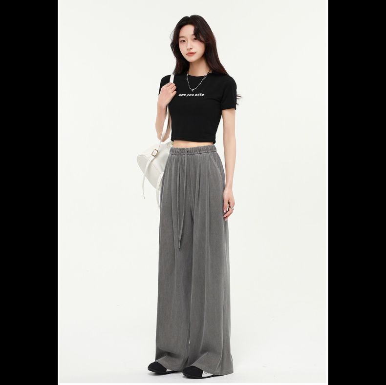 グレー パンツ ドレープ感たっぷり紐付きパンツ