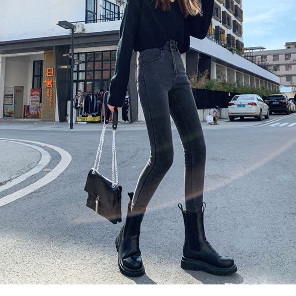 グレー パンツ すっきりシルエット ハイウエストパンツ