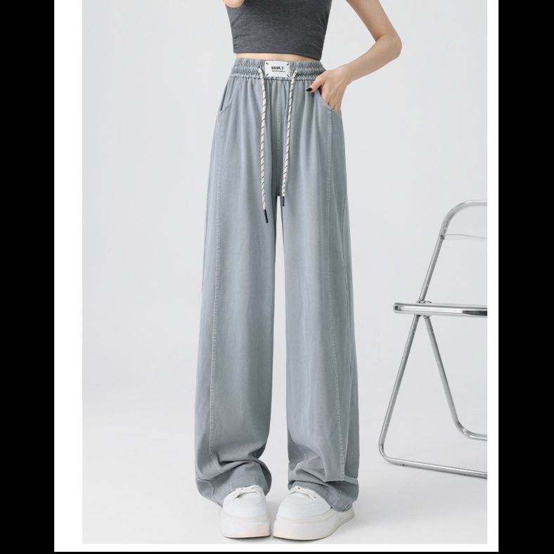 グレー パンツ リラックス紐付きワイドパンツ