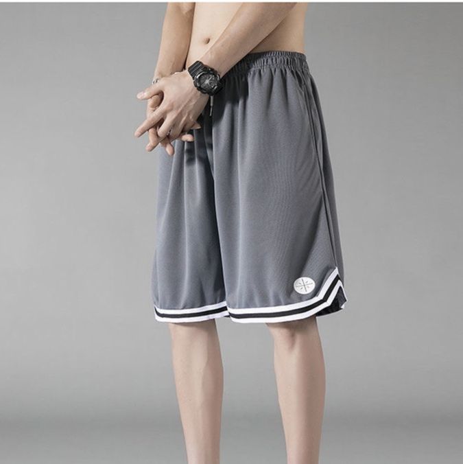 グレー パンツ ライン入りバスケットハーフパンツ