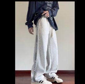 グレー パンツ サイドライン入りワイドパンツ