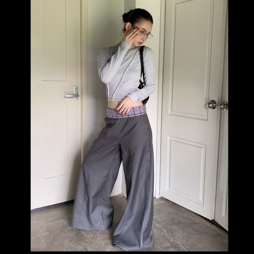 グレー パンツ チェックウエスト フレアワイドパンツ