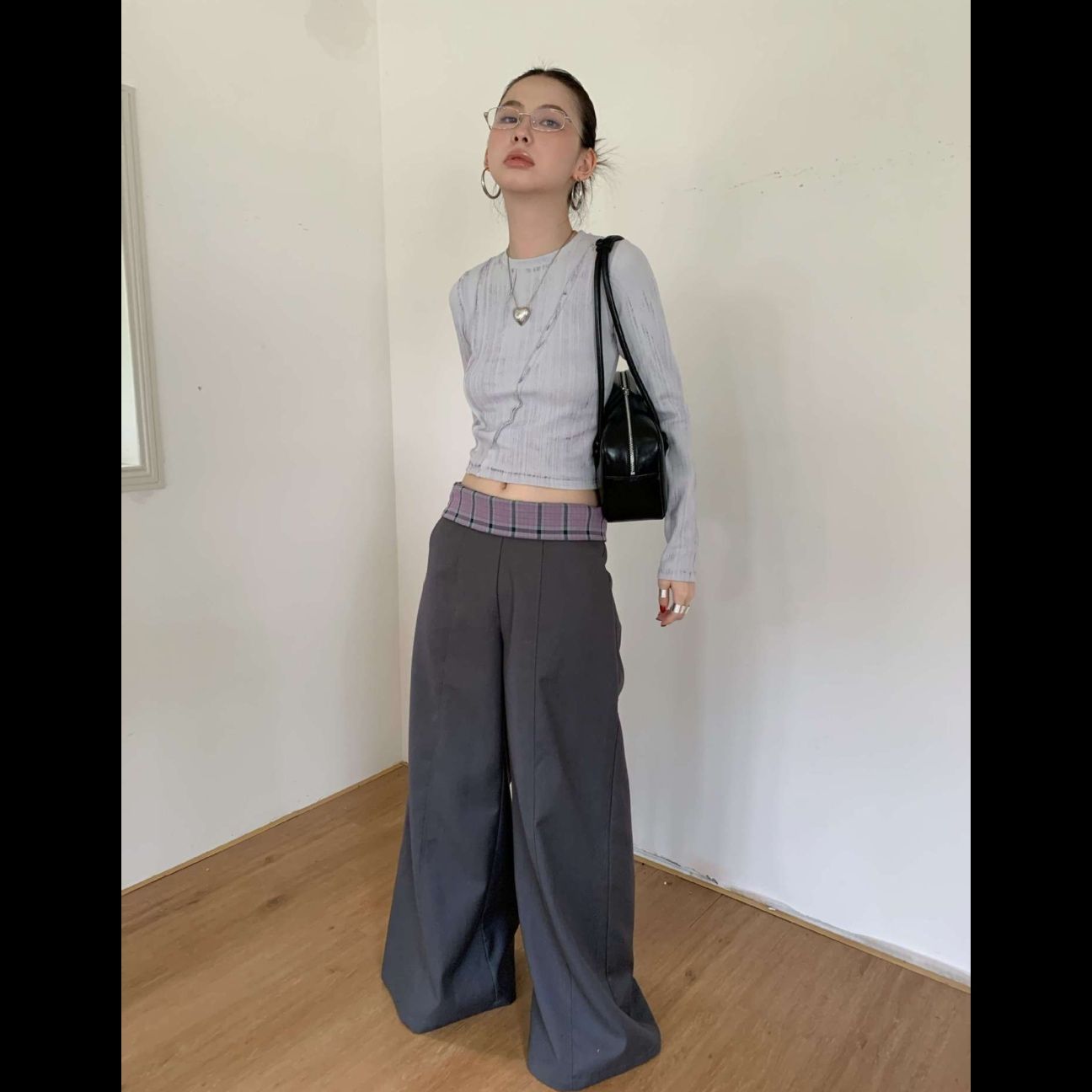 グレー パンツ チェックウエスト フレアワイドパンツ