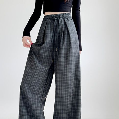 グレー パンツ チェック柄韓国風ワイドパンツ