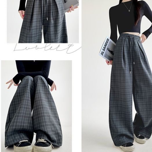 グレー パンツ チェック柄韓国風ワイドパンツ