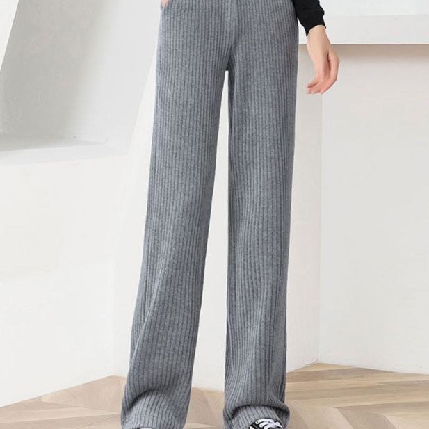 グレー パンツ 縦リブ編みワイドシルエット裏起毛ニットスウェットボトムス