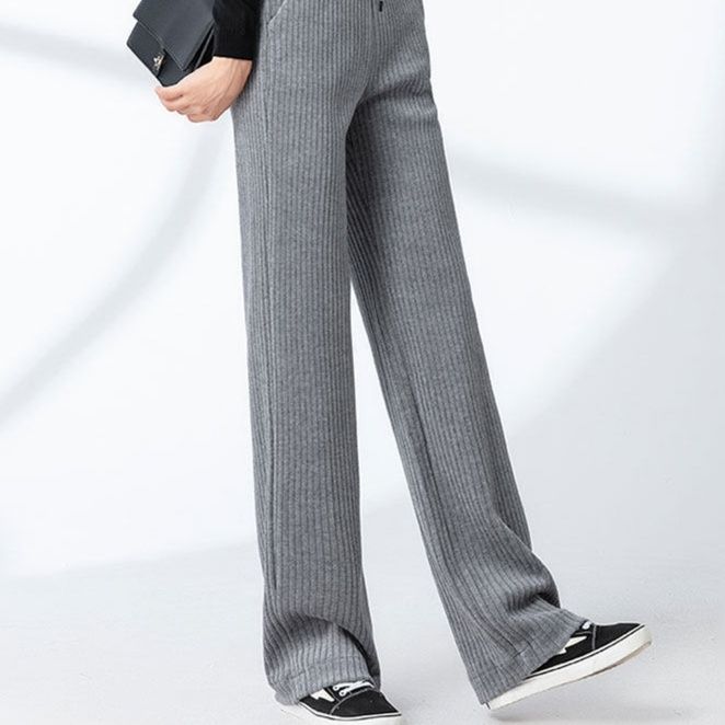 グレー パンツ 縦リブ編みワイドシルエット裏起毛ニットスウェットボトムス