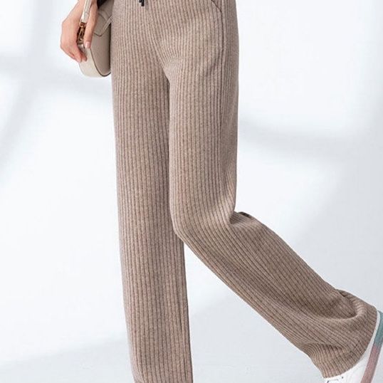 グレー パンツ 縦リブ編みワイドシルエット裏起毛ニットスウェットボトムス