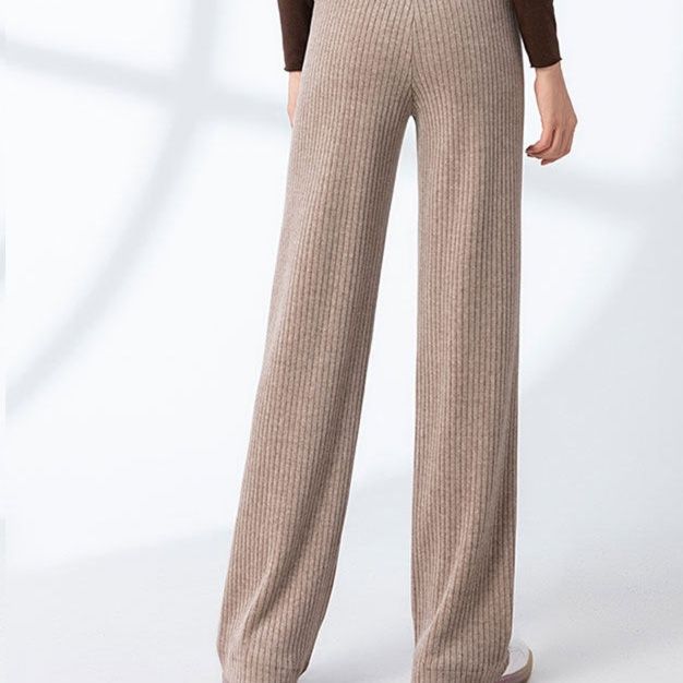 グレー パンツ 縦リブ編みワイドシルエット裏起毛ニットスウェットボトムス