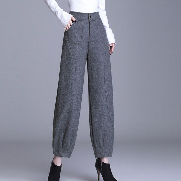 グレー パンツ 裾絞りデザイン起毛素材のハイウエストスラックス