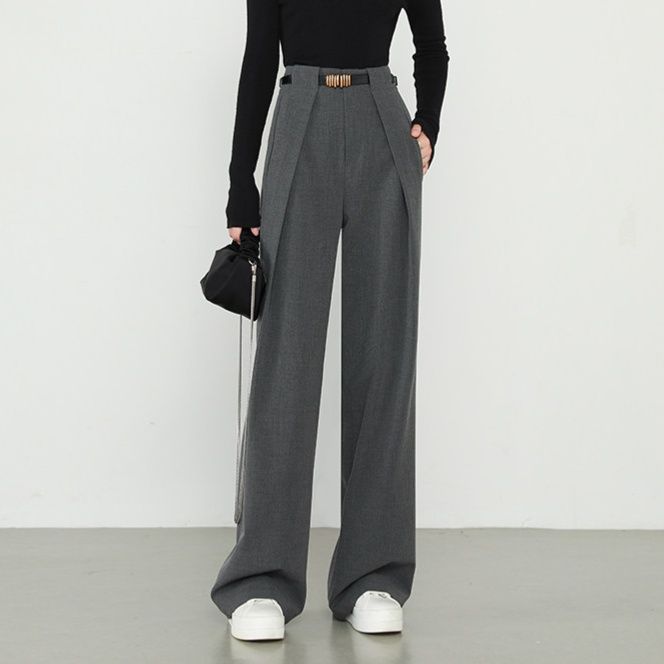 グレー パンツ センタープレス入りハイウエストワイドスラックス