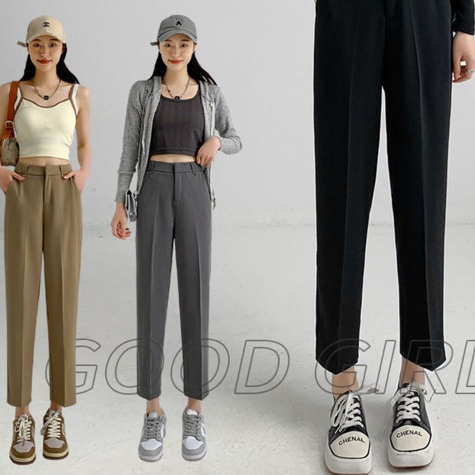 グレー パンツ センタープレス入りストレートシルエットスラックス