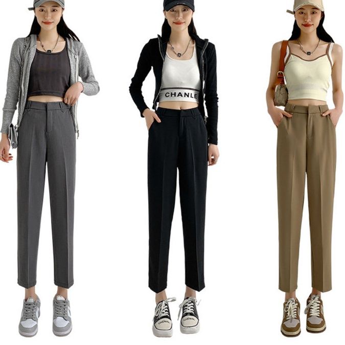 グレー パンツ センタープレス入りストレートシルエットスラックス