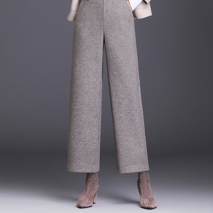グレー パンツ 上品な温かみのあるウール混紡ワイドスラックス