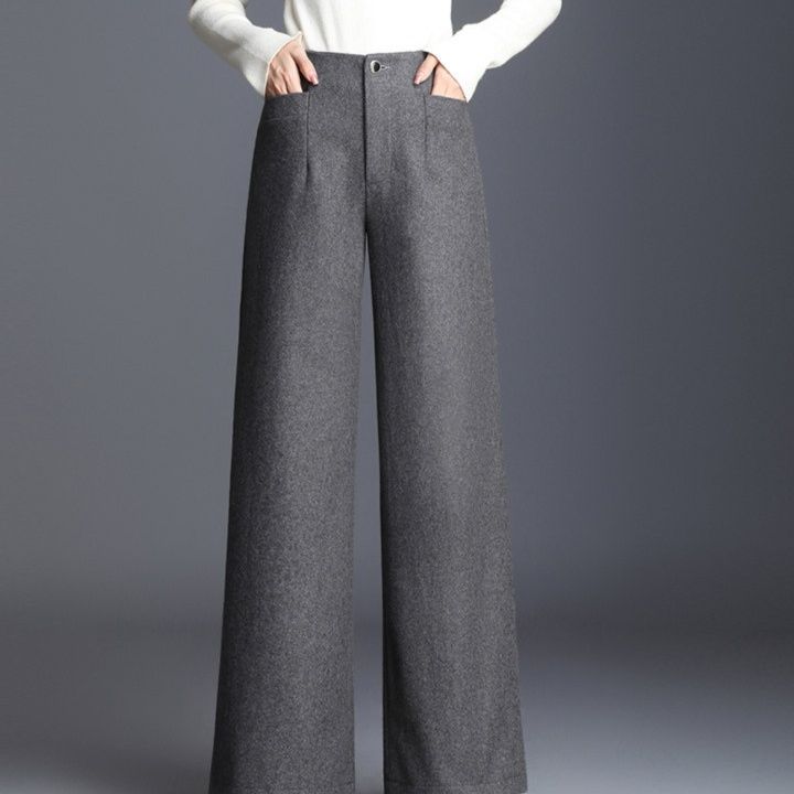 グレー パンツ 上質ウール混紡ハイウエストワイドスラックス