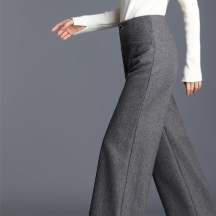 グレー パンツ 上質ウール混紡ハイウエストワイドスラックス