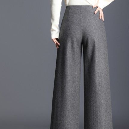 グレー パンツ 上質ウール混紡ハイウエストワイドスラックス