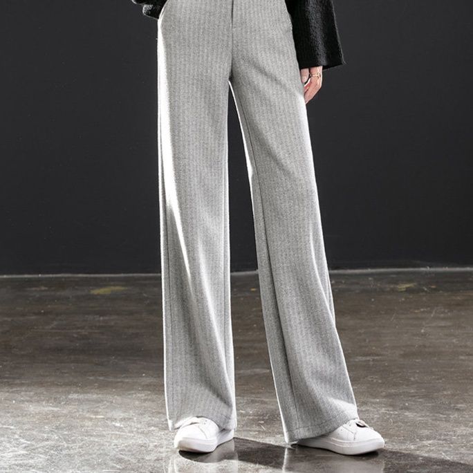 グレー パンツ リブ編みワイドストレートスウェットパンツ