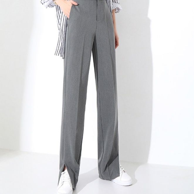 グレー パンツ センタープレス入りストレート美脚スラックス
