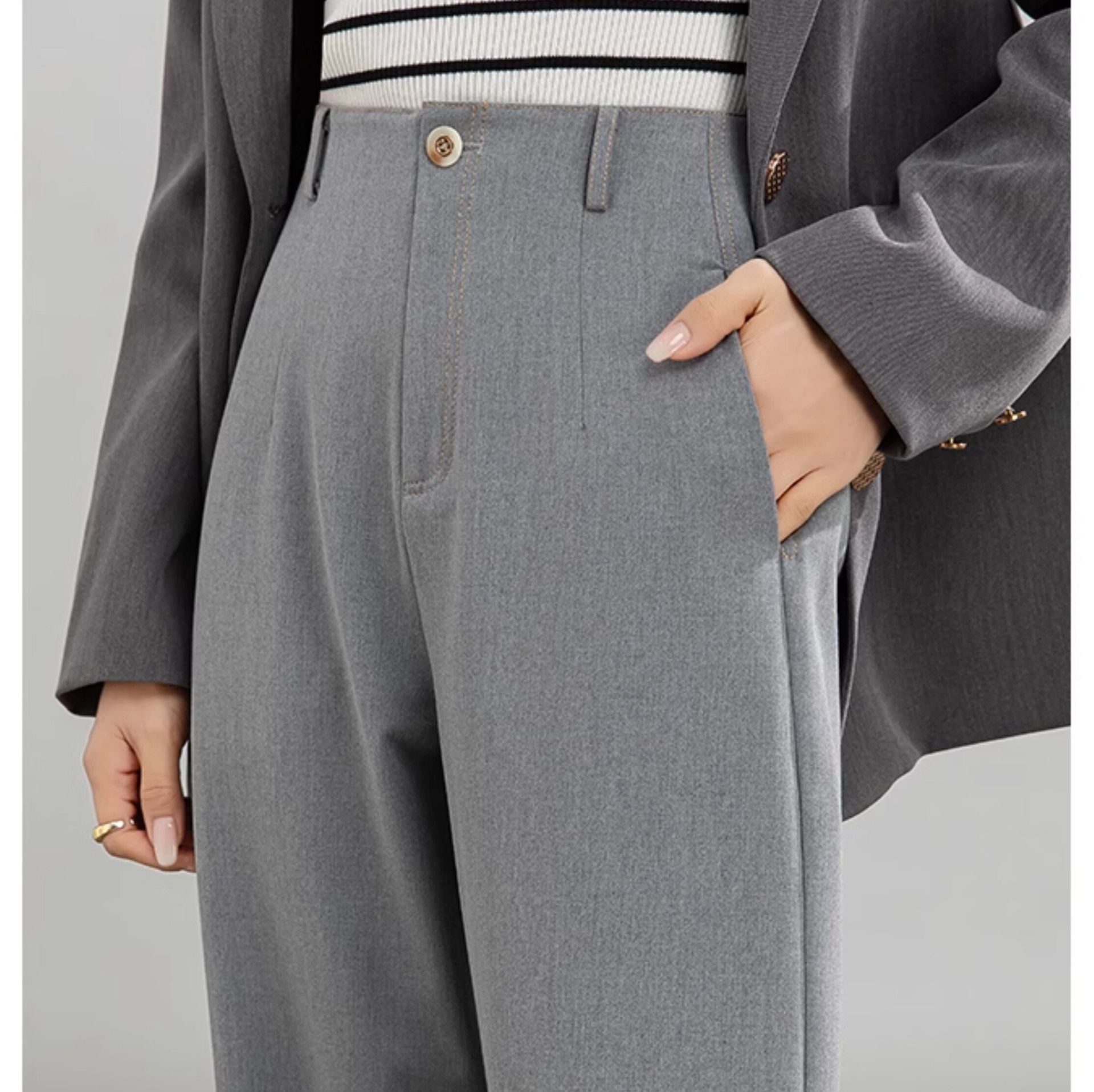 グレー パンツ センタープレス入りワイドシルエットスラックス