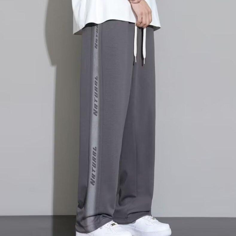 グレーパンツ サイドラインテープ付きゆったりストレート ワイドパンツ