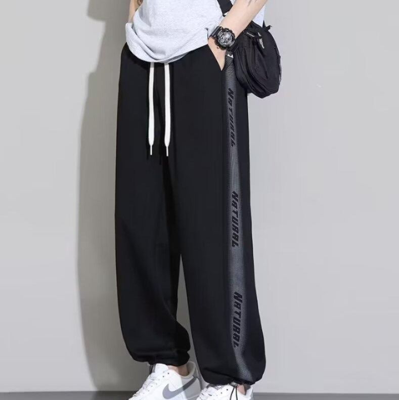 グレーパンツ サイドラインテープ付きゆったりストレート ワイドパンツ