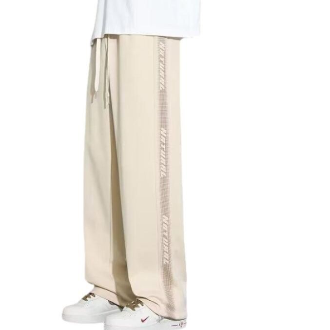 グレーパンツ サイドラインテープ付きゆったりストレート ワイドパンツ