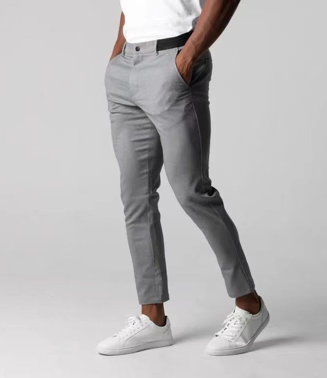 グレー パンツ 美脚細身テーパードアンクル丈スラックス