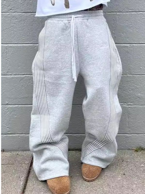 グレー パンツ サイドラインリブ切替ワイドシルエット裏起毛スウェットパンツ