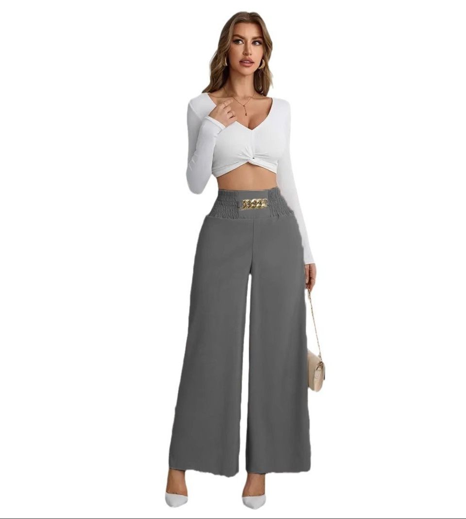 グレー パンツ チェーン飾り付きシャーリングウエストワイドパンツ