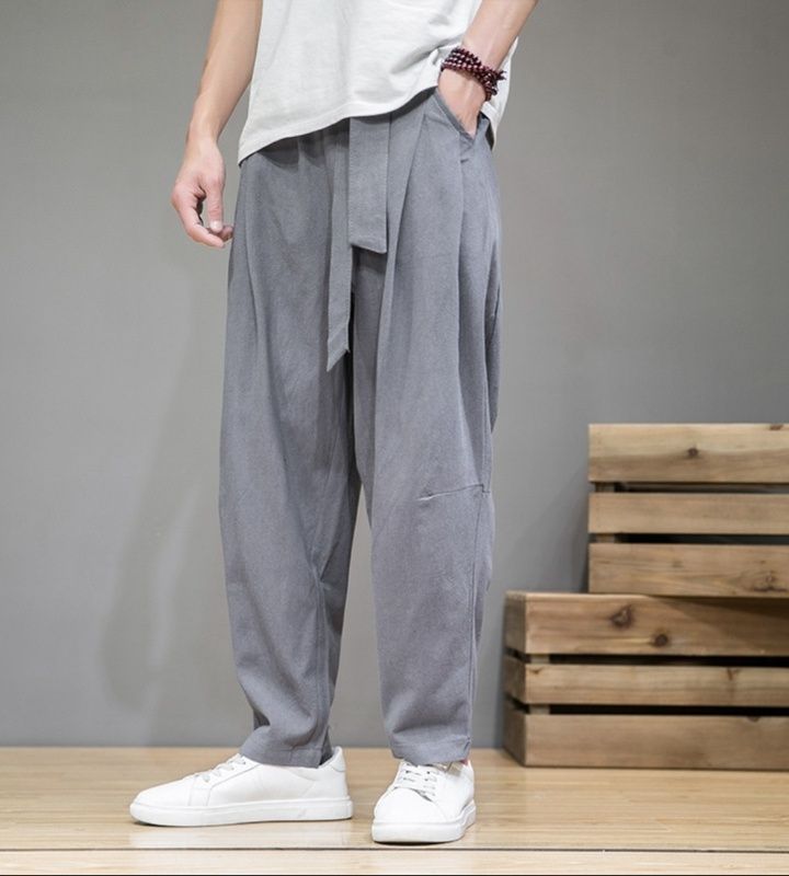 グレー パンツ ウエストリボン付きゆったりワイドパンツ