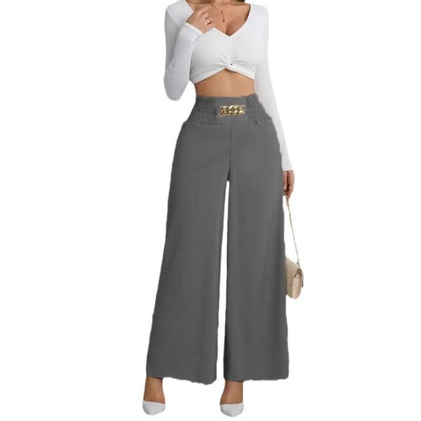 グレー パンツ チェーン金具付きシャーリングハイウエストワイドパンツ