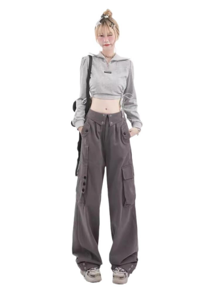 グレー パンツ ワイドシルエット 多機能ポケット付きパンツ
