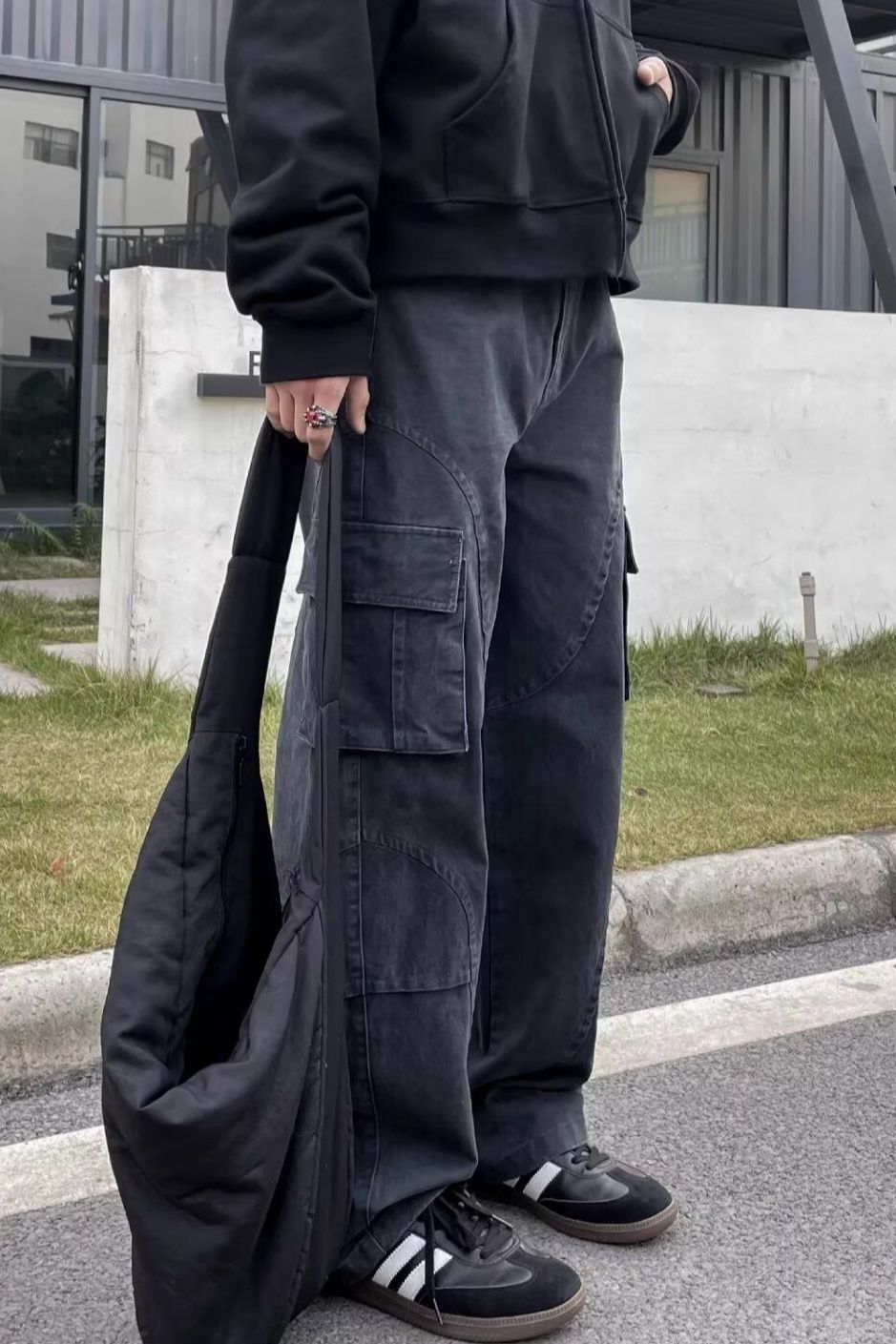 グレー パンツ ワイドシルエット多ポケット作業風長ズボン