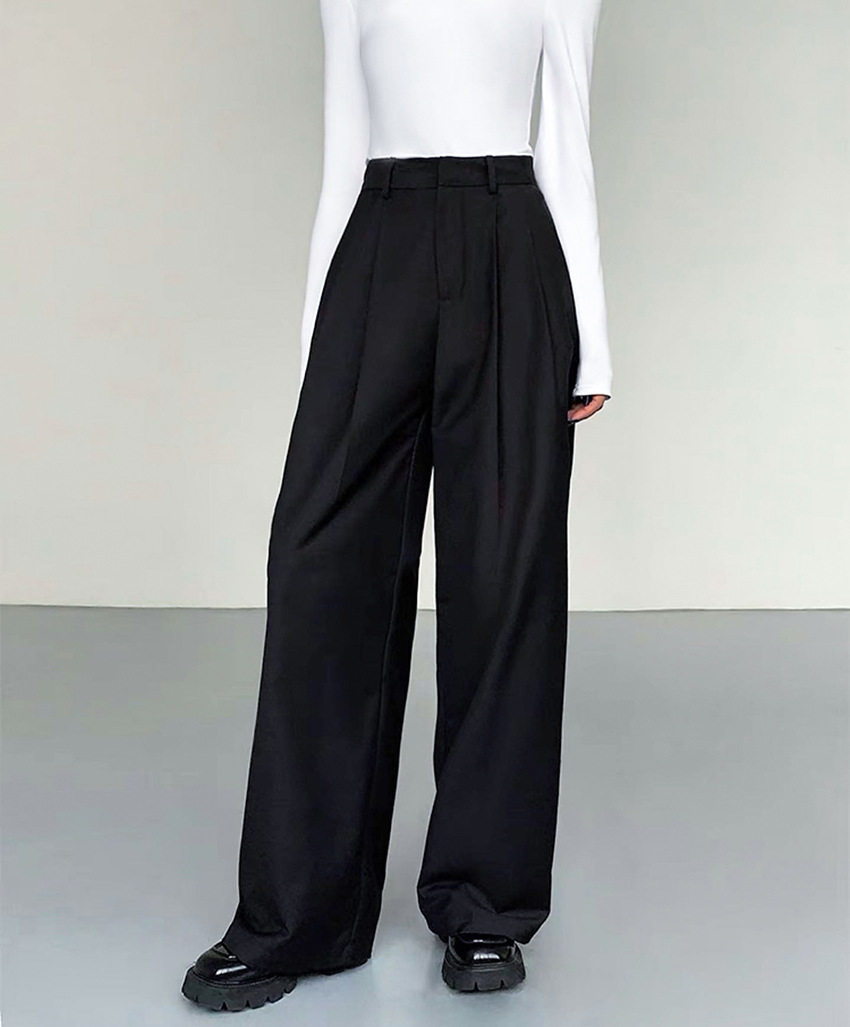 グレー パンツ センタープレス入りハイウエストワイドスラックス