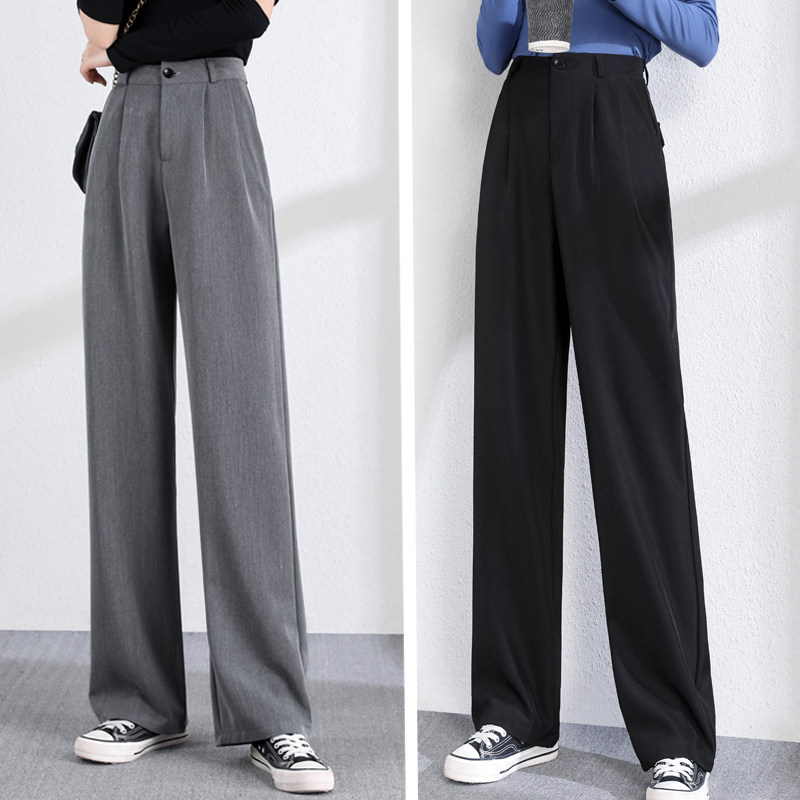 グレー パンツ センタープレス入りワイドシルエットスラックス